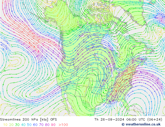 Linia prądu 200 hPa GFS czw. 26.09.2024 06 UTC