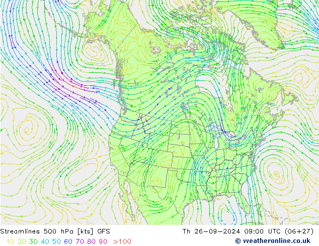 Linha de corrente 500 hPa GFS Qui 26.09.2024 09 UTC