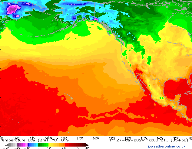 Min.temperatuur (2m) GFS vr 27.09.2024 18 UTC