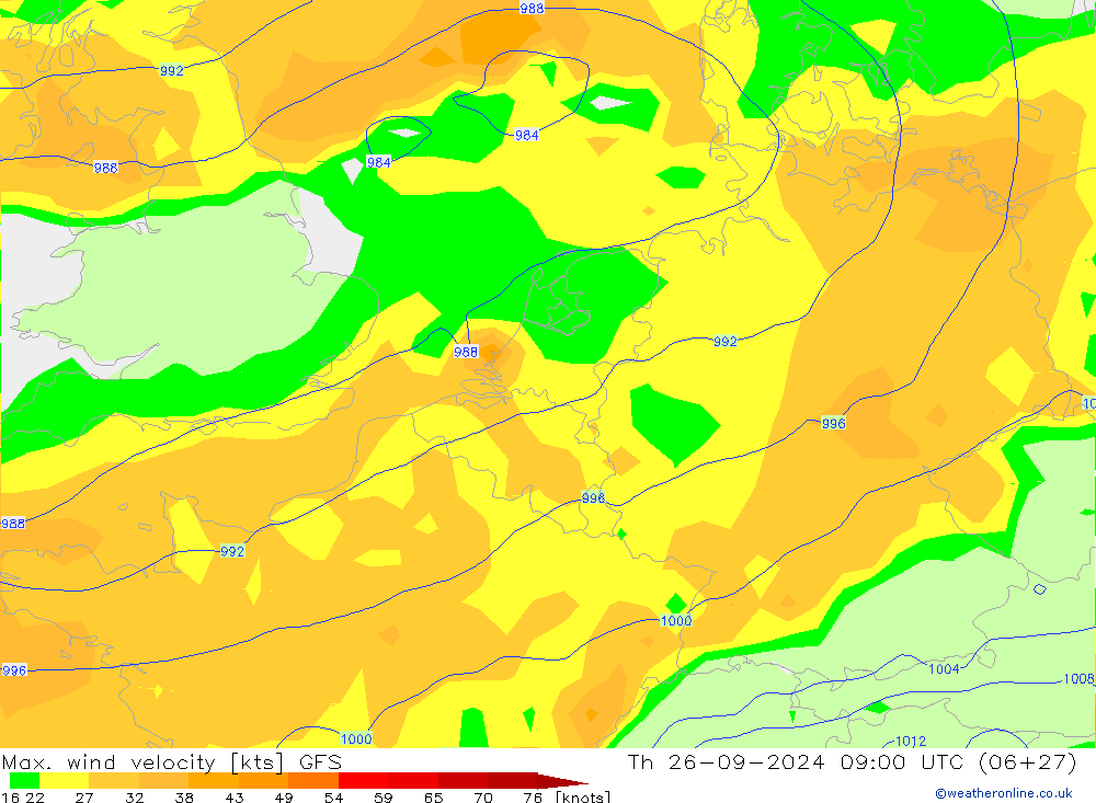 Max. wind velocity GFS jue 26.09.2024 09 UTC