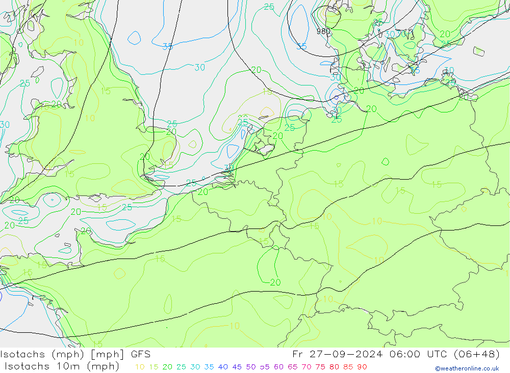 Isotachs (mph) GFS Pá 27.09.2024 06 UTC