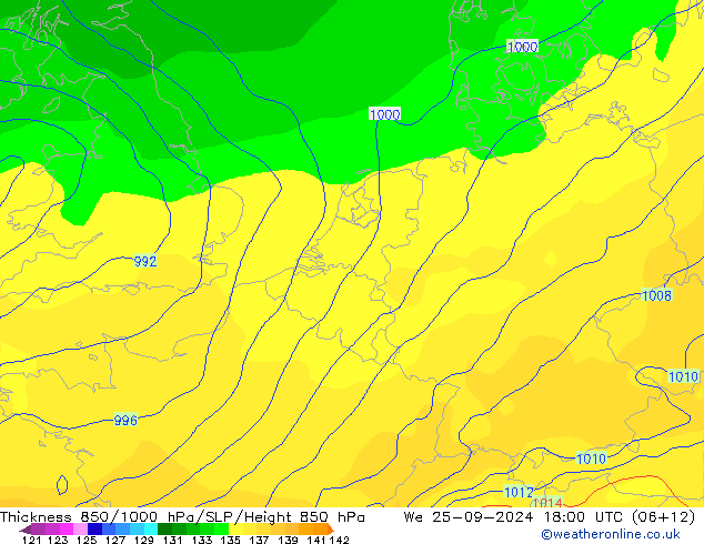 Thck 850-1000 hPa GFS We 25.09.2024 18 UTC