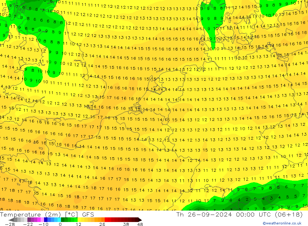 Temperature (2m) GFS Th 26.09.2024 00 UTC