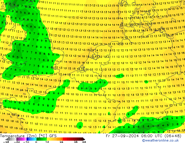 Temperatuurkaart (2m) GFS vr 27.09.2024 06 UTC