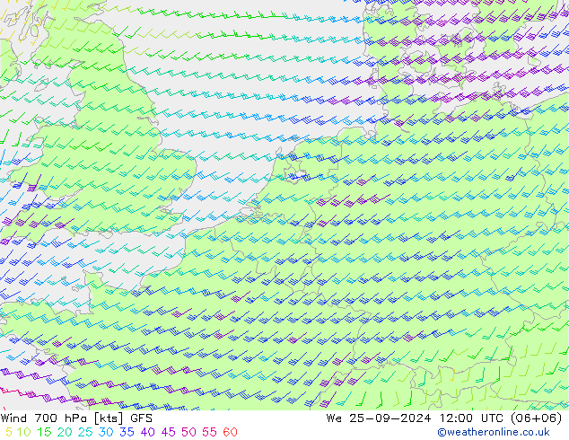 Wind 700 hPa GFS We 25.09.2024 12 UTC