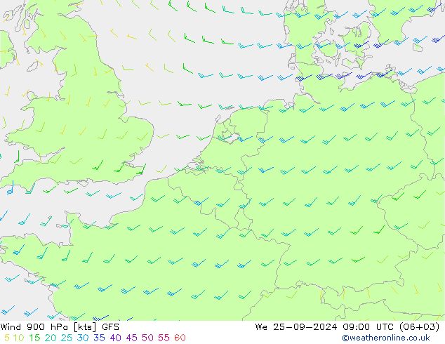 ветер 900 гПа GFS ср 25.09.2024 09 UTC