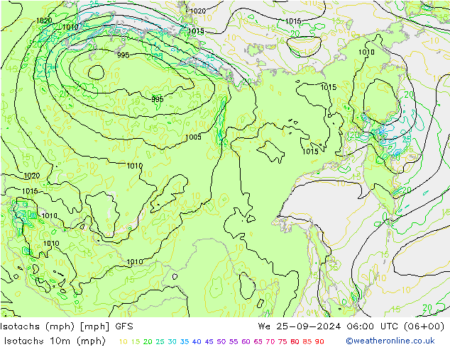 Isotachs (mph) GFS We 25.09.2024 06 UTC