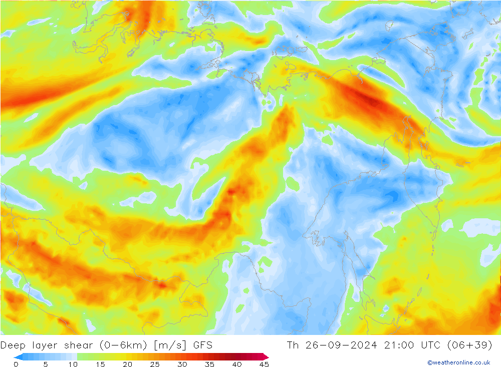 Deep layer shear (0-6km) GFS Th 26.09.2024 21 UTC