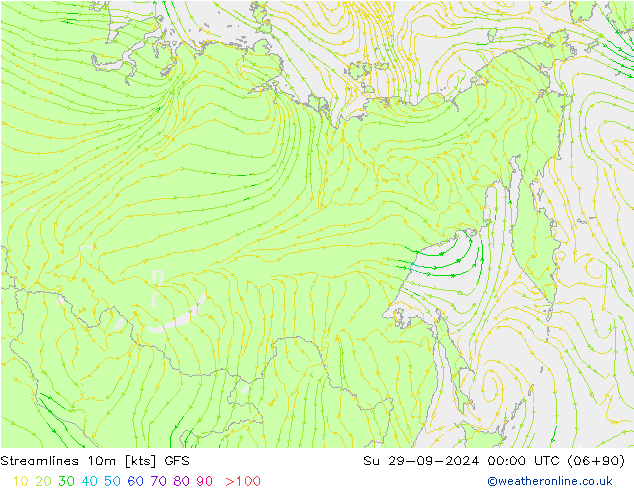 Stroomlijn 10m GFS zo 29.09.2024 00 UTC