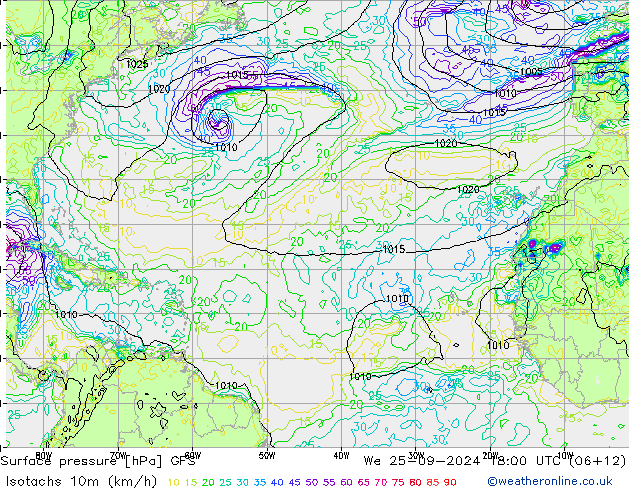 Isotachs (kph) GFS St 25.09.2024 18 UTC