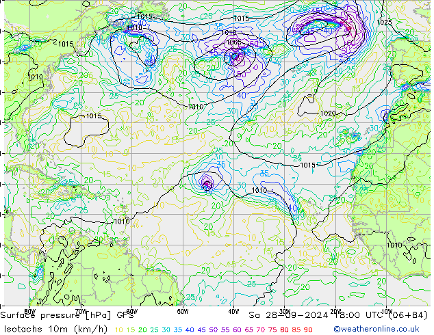 Isotachen (km/h) GFS za 28.09.2024 18 UTC