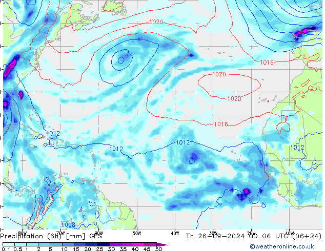 Precipitazione (6h) GFS gio 26.09.2024 06 UTC