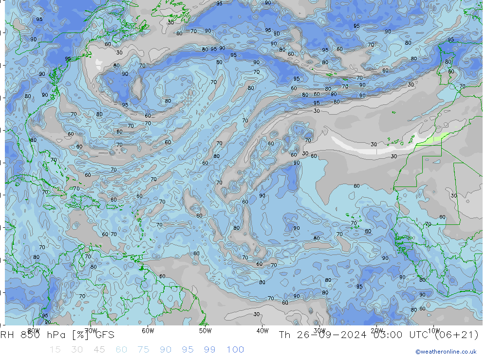 Humidité rel. 850 hPa GFS jeu 26.09.2024 03 UTC