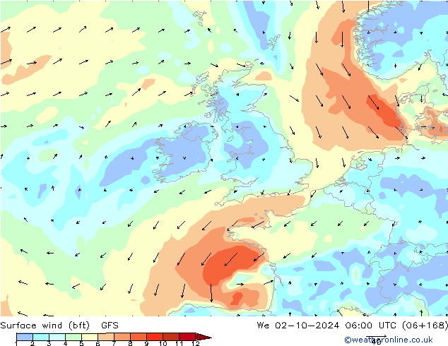 Surface wind (bft) GFS St 02.10.2024 06 UTC