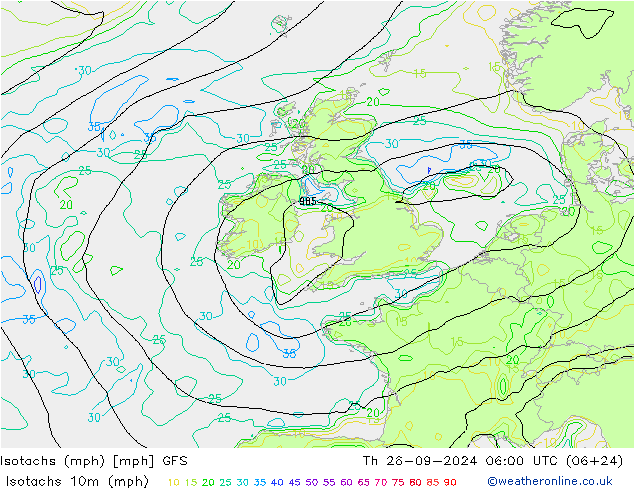 Isotaca (mph) GFS jue 26.09.2024 06 UTC