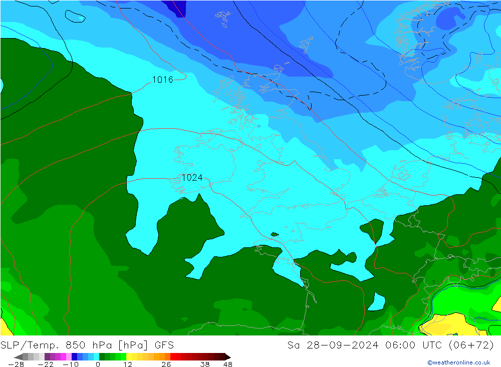 SLP/Temp. 850 hPa GFS Sáb 28.09.2024 06 UTC