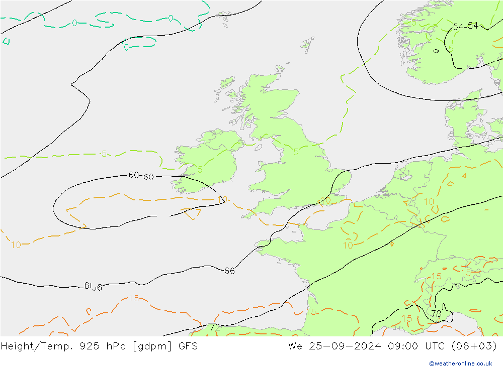 Height/Temp. 925 hPa GFS śro. 25.09.2024 09 UTC