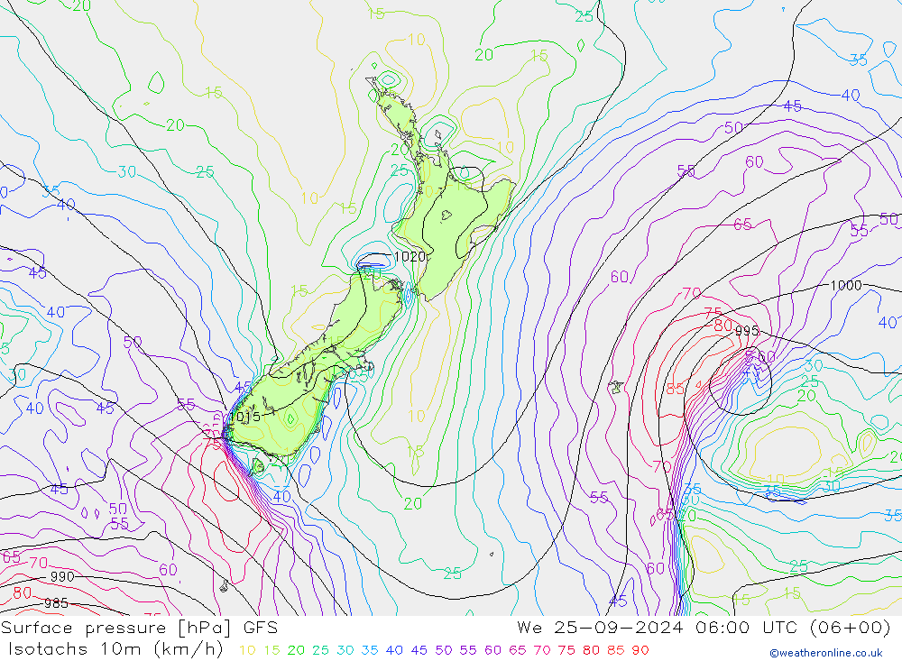 Izotacha (km/godz) GFS śro. 25.09.2024 06 UTC