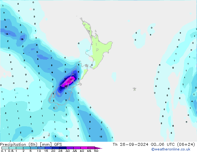 Precipitation (6h) GFS Čt 26.09.2024 06 UTC