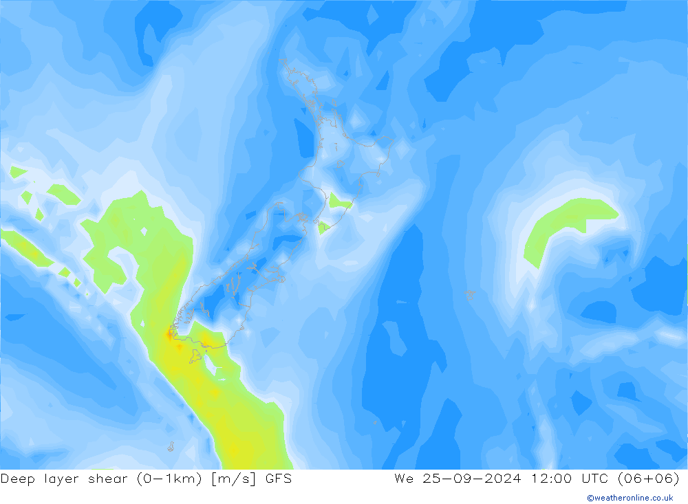 Deep layer shear (0-1km) GFS We 25.09.2024 12 UTC