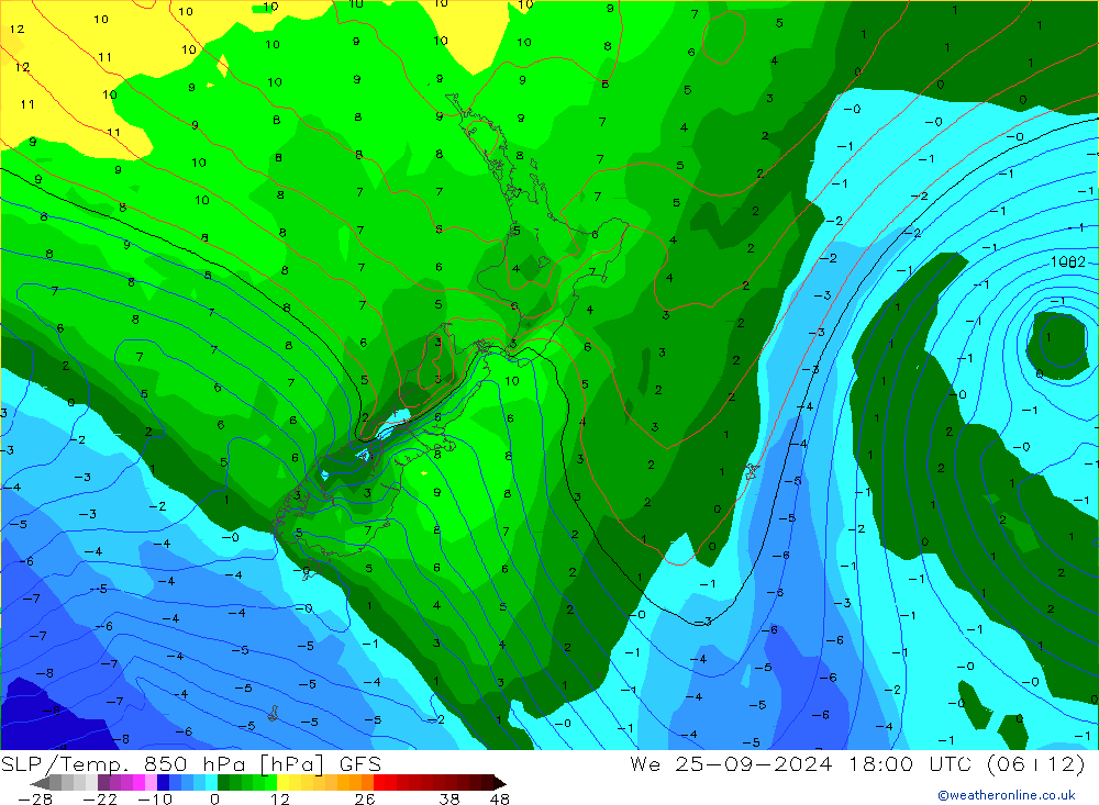 SLP/Temp. 850 hPa GFS mié 25.09.2024 18 UTC