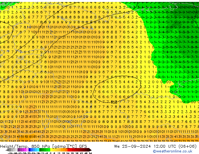 Height/Temp. 850 гПа GFS ср 25.09.2024 12 UTC