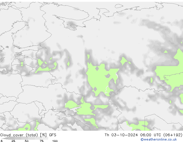 Cloud cover (total) GFS Th 03.10.2024 06 UTC