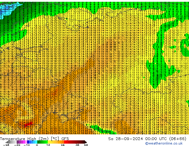 Max. Temperatura (2m) GFS so. 28.09.2024 00 UTC