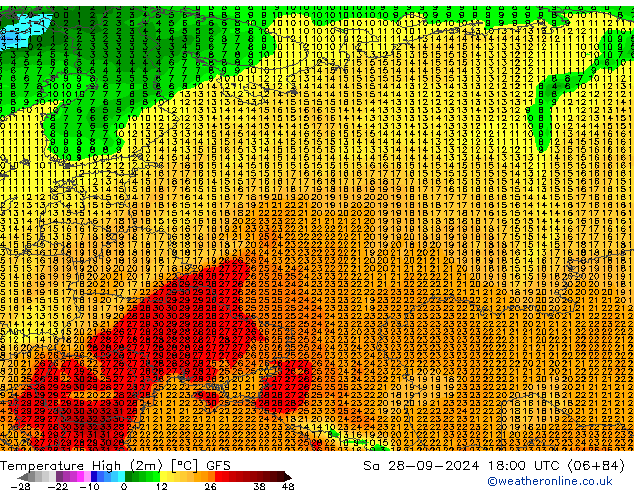 Max. Temperatura (2m) GFS so. 28.09.2024 18 UTC