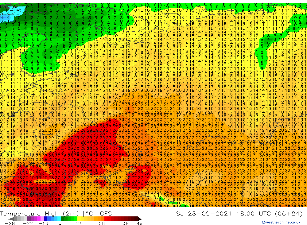 Höchstwerte (2m) GFS Sa 28.09.2024 18 UTC