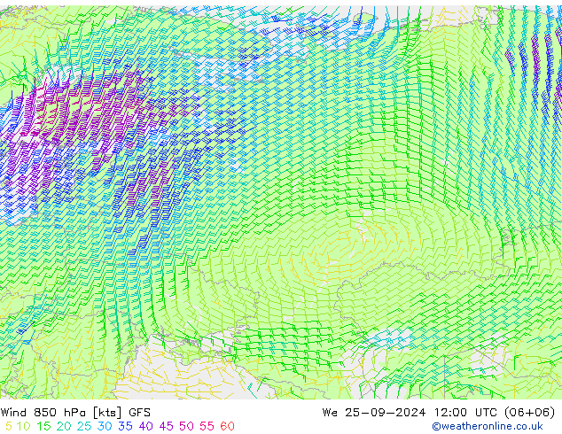 Wind 850 hPa GFS We 25.09.2024 12 UTC