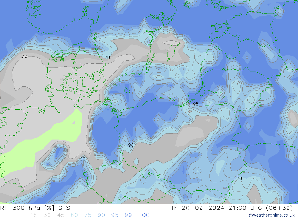 RH 300 hPa GFS gio 26.09.2024 21 UTC