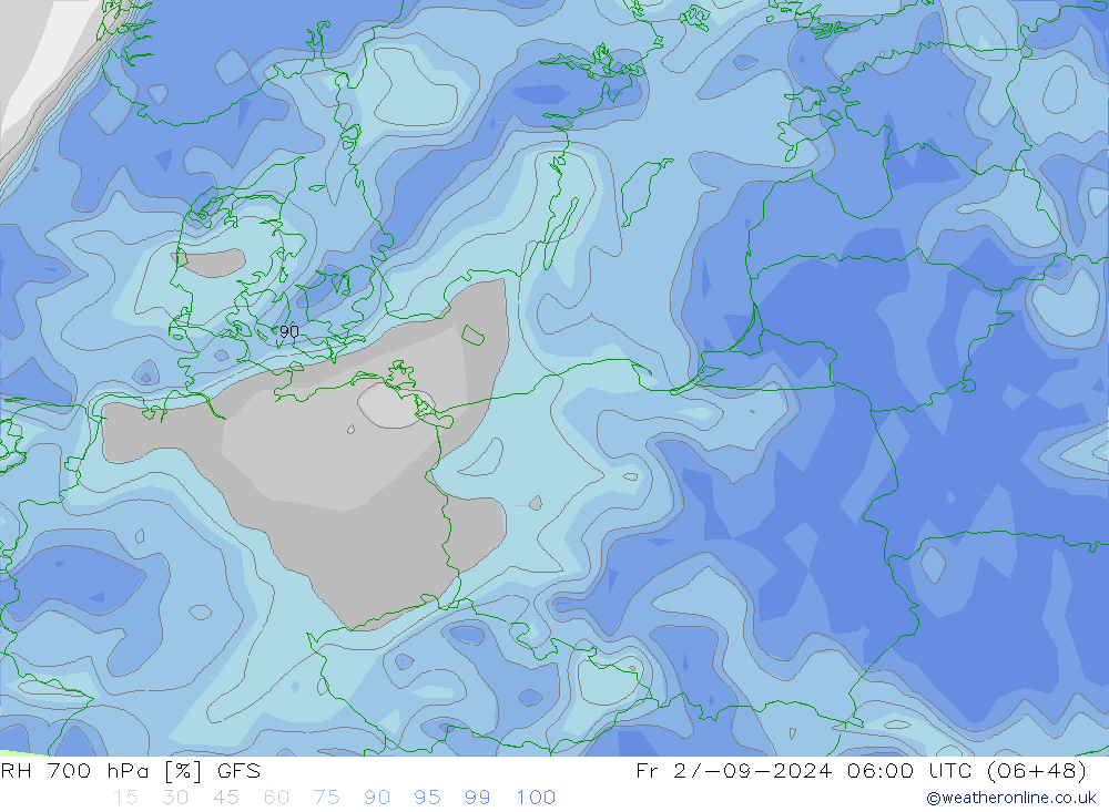 RH 700 hPa GFS Fr 27.09.2024 06 UTC