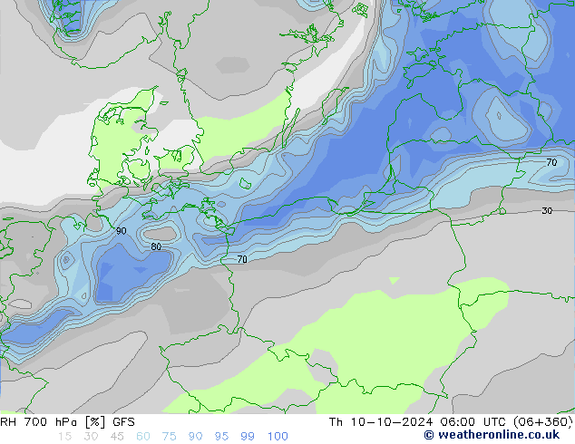 RH 700 hPa GFS Th 10.10.2024 06 UTC