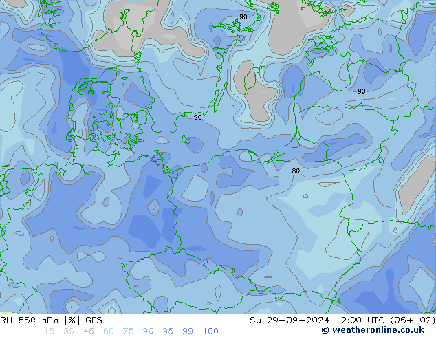 RH 850 hPa GFS Su 29.09.2024 12 UTC