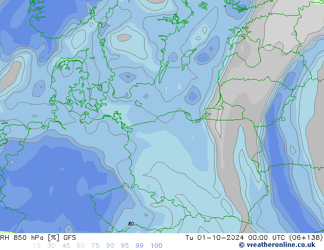 RH 850 гПа GFS вт 01.10.2024 00 UTC