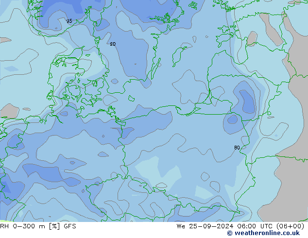 RH 0-300 m GFS śro. 25.09.2024 06 UTC