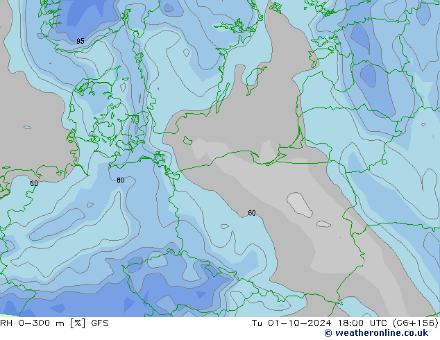 RH 0-300 m GFS Tu 01.10.2024 18 UTC