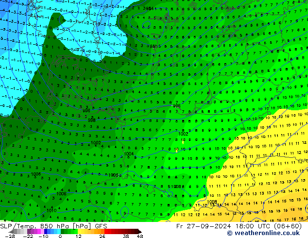 SLP/Temp. 850 hPa GFS Pá 27.09.2024 18 UTC