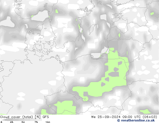 Cloud cover (total) GFS We 25.09.2024 09 UTC