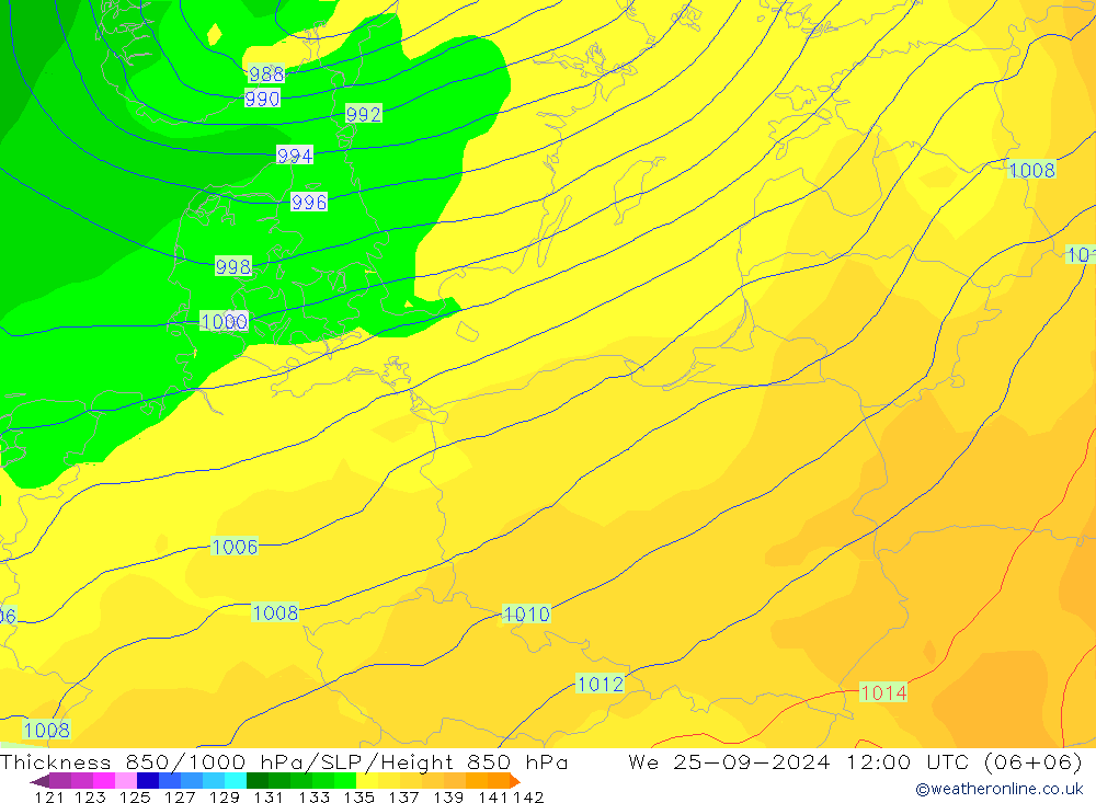 Dikte 850-1000 hPa GFS wo 25.09.2024 12 UTC