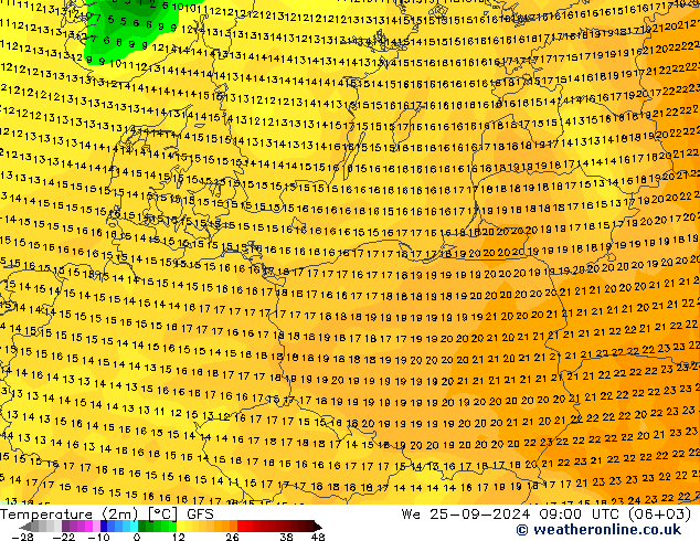 Temperatuurkaart (2m) GFS wo 25.09.2024 09 UTC