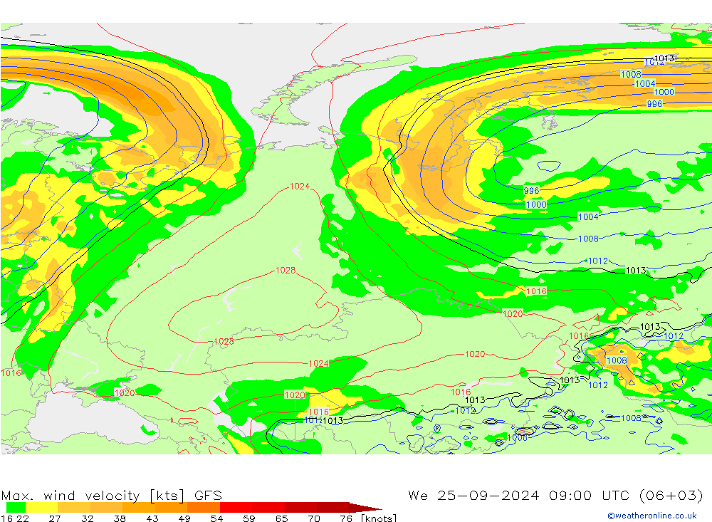 Max. wind velocity GFS ср 25.09.2024 09 UTC