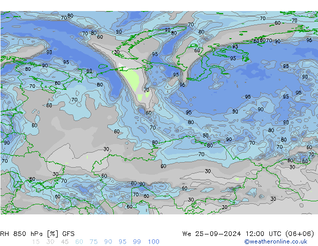 RH 850 hPa GFS We 25.09.2024 12 UTC