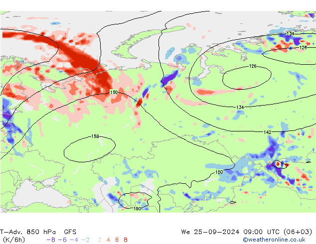 T-Adv. 850 hPa GFS We 25.09.2024 09 UTC