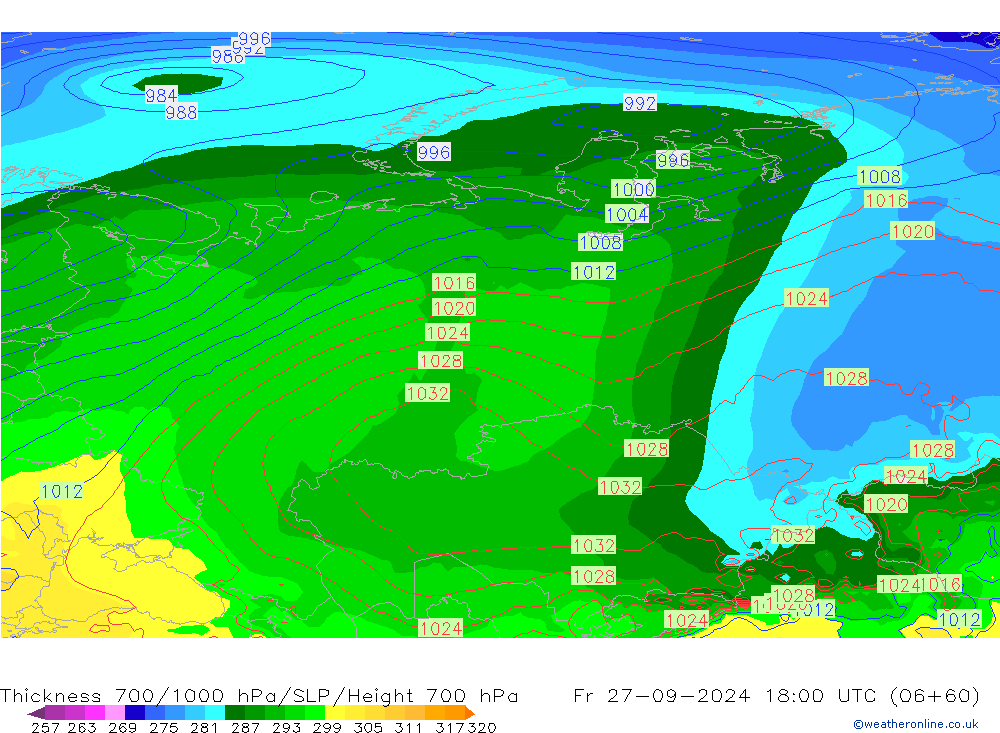 Thck 700-1000 hPa GFS  27.09.2024 18 UTC