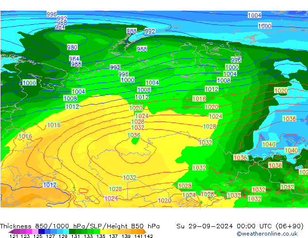 Thck 850-1000 hPa GFS Su 29.09.2024 00 UTC