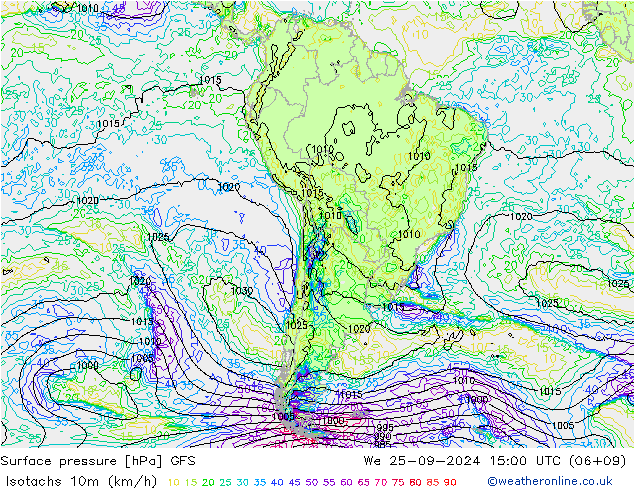 Isotaca (kph) GFS mié 25.09.2024 15 UTC