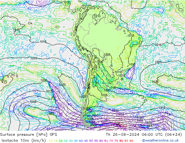 Isotachs (kph) GFS чт 26.09.2024 06 UTC