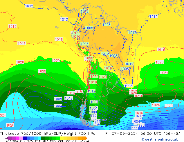 Thck 700-1000 hPa GFS pt. 27.09.2024 06 UTC